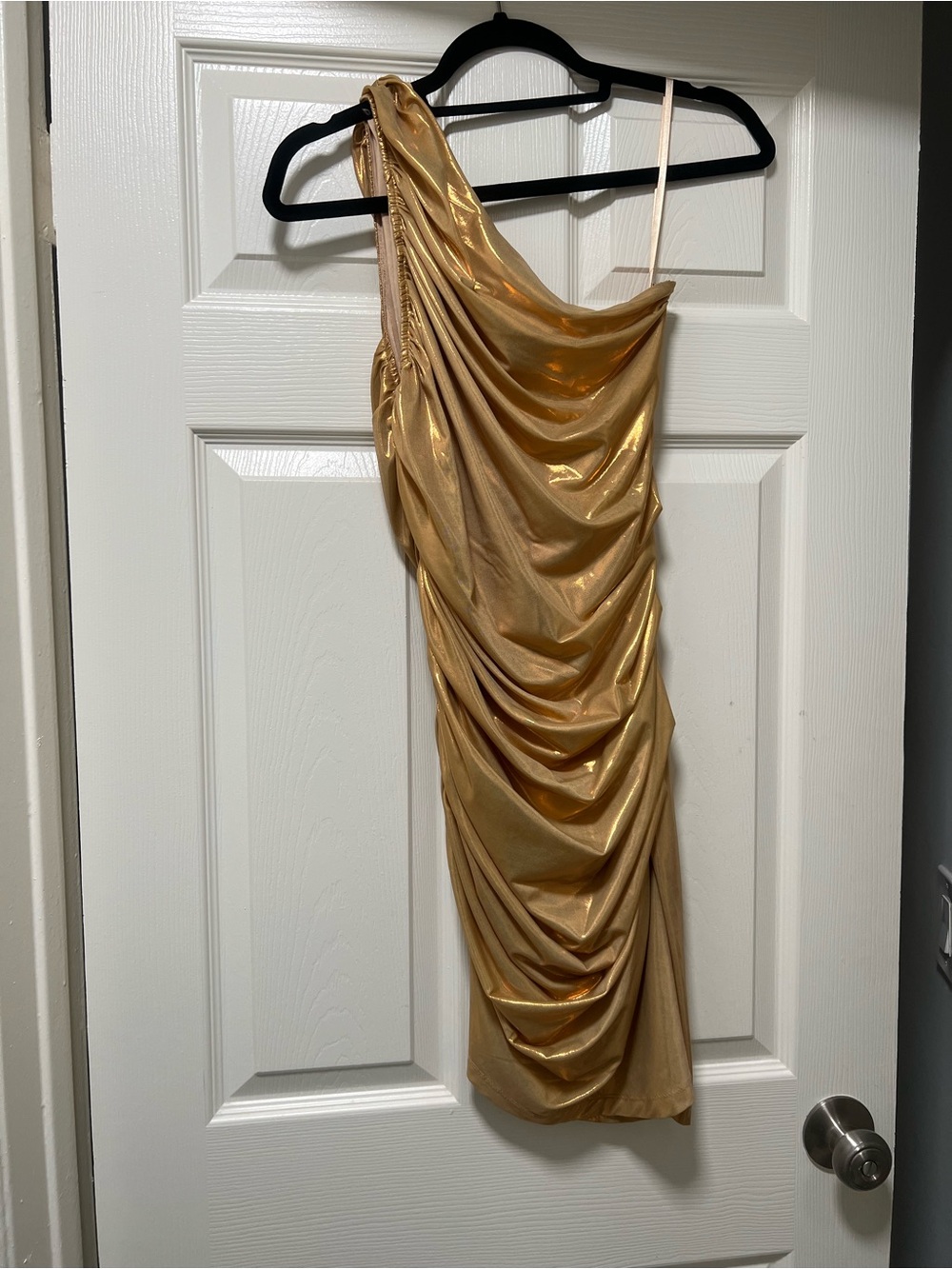 Fashion Nova Gold One-Shoulder Mini Dress